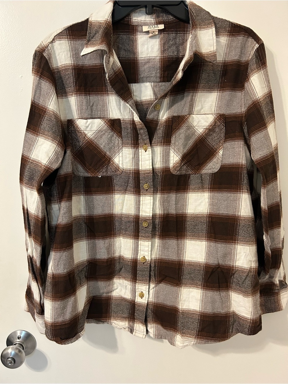 a.n.a Brown and Cream Plaid Button-Down Shirt